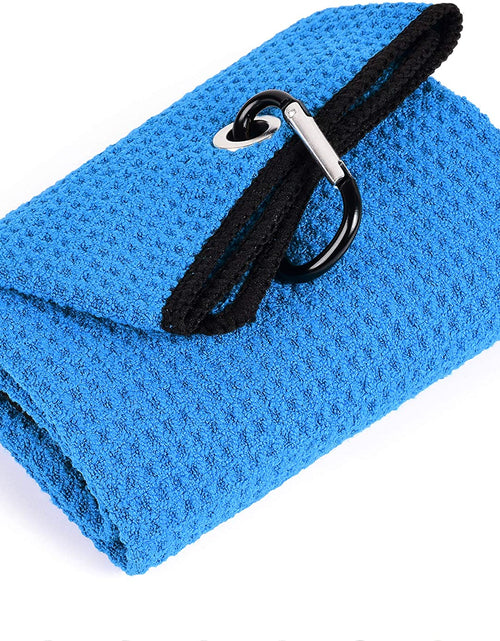 Load image into Gallery viewer, Tri-Fold Golf Towel | Premium Microfiber Fabric | Waffle Pattern | Heavy Duty Carabiner Clip | 14 Color Options
