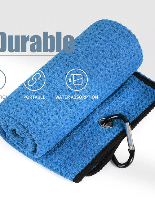 Load image into Gallery viewer, Tri-Fold Golf Towel | Premium Microfiber Fabric | Waffle Pattern | Heavy Duty Carabiner Clip | 14 Color Options
