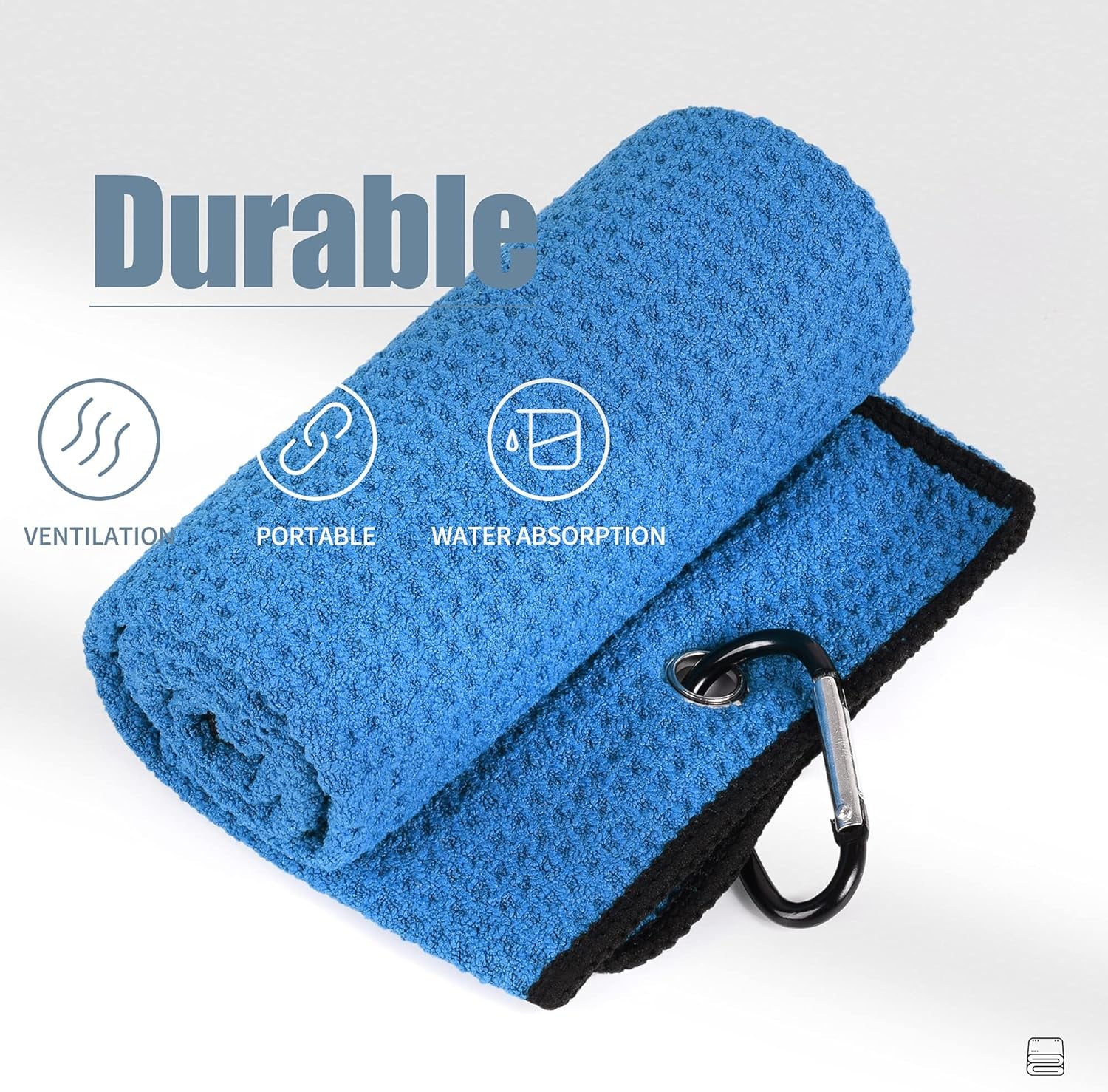 Tri-Fold Golf Towel | Premium Microfiber Fabric | Waffle Pattern | Heavy Duty Carabiner Clip | 14 Color Options