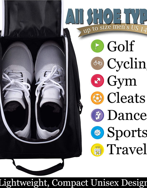 Load image into Gallery viewer, Golf Shoe Bag - Zippered Shoe Carrier Bags with Ventilation &amp; outside Pocket for Socks, Tees, Etc. Perfect Storage (Black)
